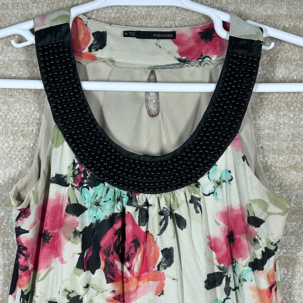 Maurices Womens Boho Romantic Beaded Floral Smocked Blouse Top Pink Teal M